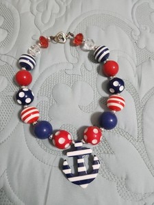 Girls Patriotic Bubblegum Necklace Chunky Beads Kids Jewelry W/ Ship Anchor