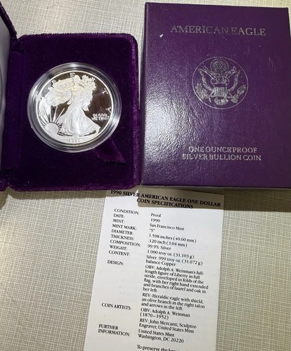 1990-S $1 Proof Silver Eagle W/Box And COA