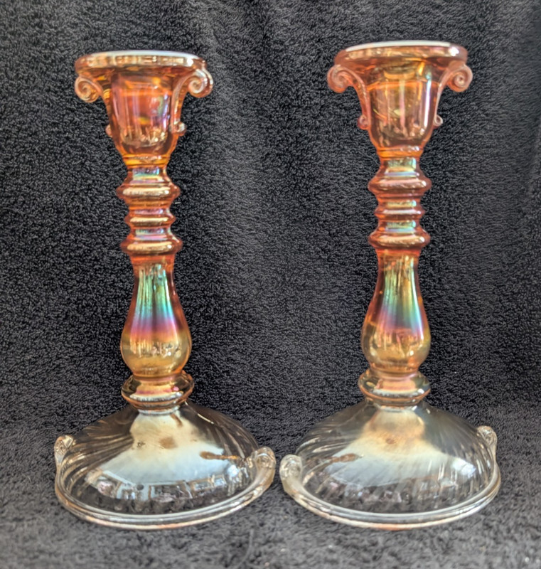 Imperial Glass  Marigold Carnival Double Scroll w/Spiral Twisted Base 1915c