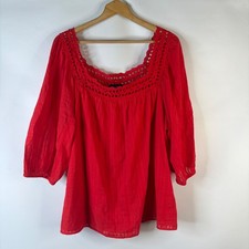 Blusa Lane Bryant Para Mujer 22 Rojo Ojales Encaje Cuello Dobby Rayas Boho Top