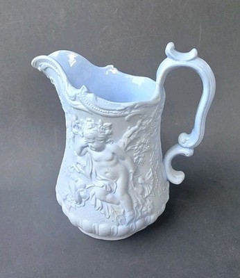 Antique Victorian Patent Mosaic Cork & Edge Blue Cherub Putti Relief Pitcher Jug
