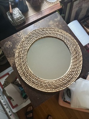 bohemian-style round wall mirror hand-woven rattan or split reed frame 21.25  D
