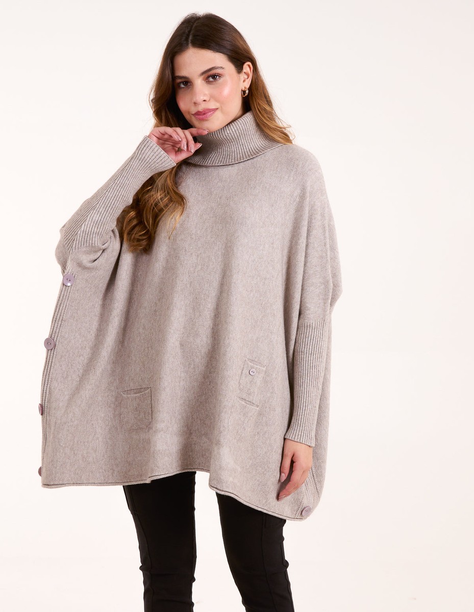 Blue Vanilla Womens Roll Neck Button Mini Pocket Jumper