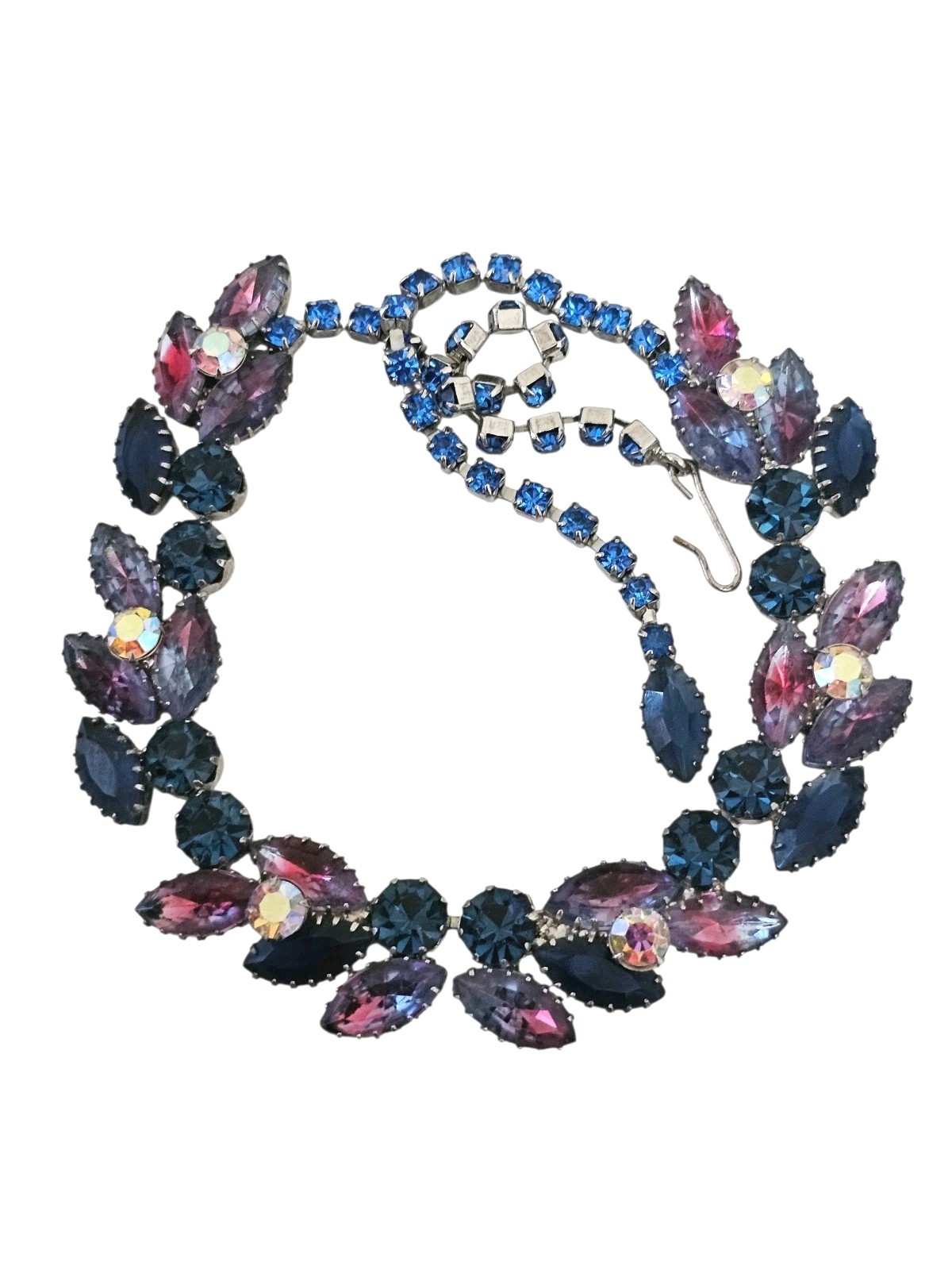 Vintage Rhinestone Necklace Aurora Borealis Purple Blue Foil Back Statement