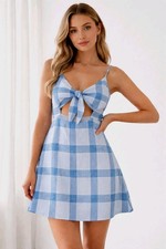Flynn Skye Plaid Mini Dress L Blue Tie Front Cutout Boho Festival Summer