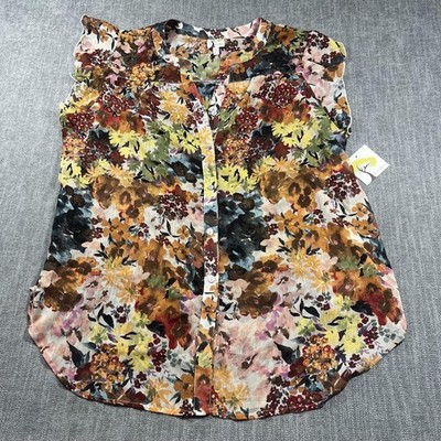 Fig And Flower Blouse Plus W 2X Multi Floral Button Ruffle Flutter Sheer Top