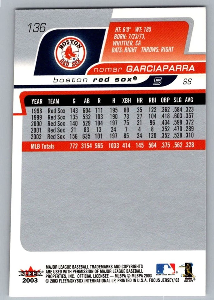 2003 Fleer Focus Jersey Edition Nomar Garciaparra Boston Red Sox #136 - Image 2 of 2