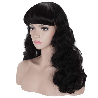 50s Vintage Medium Length Black Wigs with Bangs | Natural Wavy Synthetic Hair...