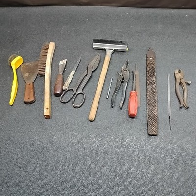 Lot of 14 Vintage Assorted Tools, AS PICTURED, squeegee, brushes, snips, files