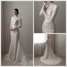 Full Lace Mermaid Weddiong Dress High Neck Sweap Train Modest Bridal Gowns