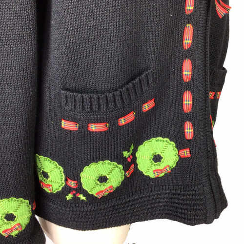 Christmas Holiday Sweater Womens L Black Zip Ribbon Beads Investments - Picture 2 of 8