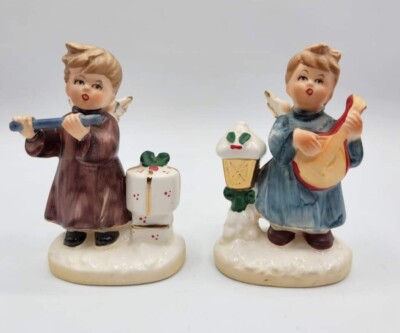 2 VTG Napcoware Boy Christmas Angels Mandolin Flute Figurines Japan 3.5'' X 8371