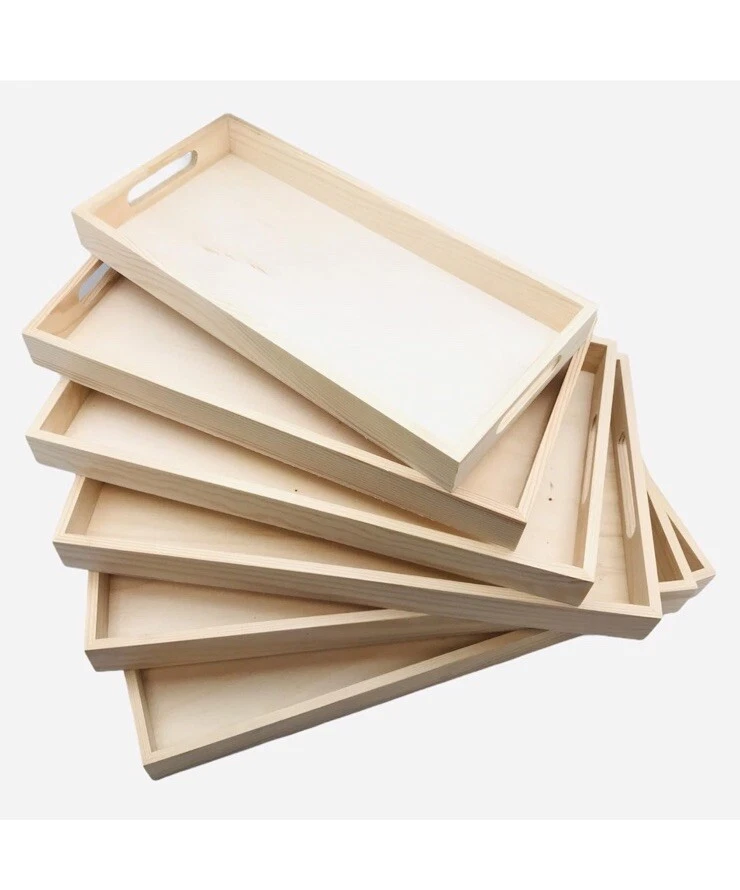 Wooden Nested Serving Trays - Set of 6 Unfinished Rectangle Trays with Handles - Image 2 of 4