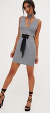 Pretty Little Thing dress Sze 8 gingham black white mini checked belted plunge