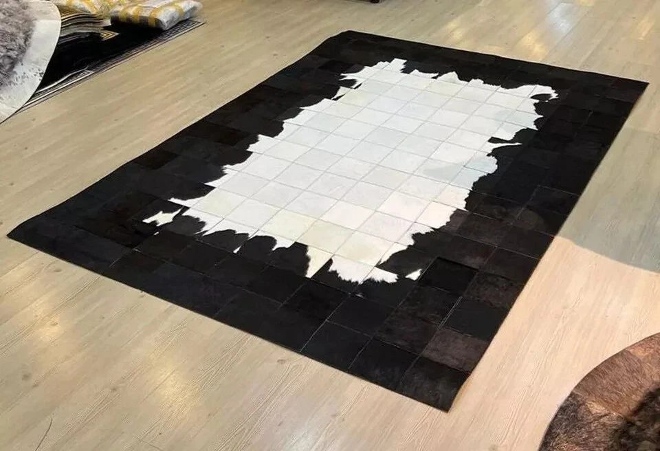 Alfombra cuadrada natural de cuero de vaca alfombra de cuero blanco negro alfombra de retazos de cuero de vaca real Foto 3 de 4