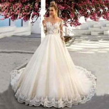 Elegant A-line Wedding Dresses Long Sleeve Applique Lace Transparent Bridal Gown