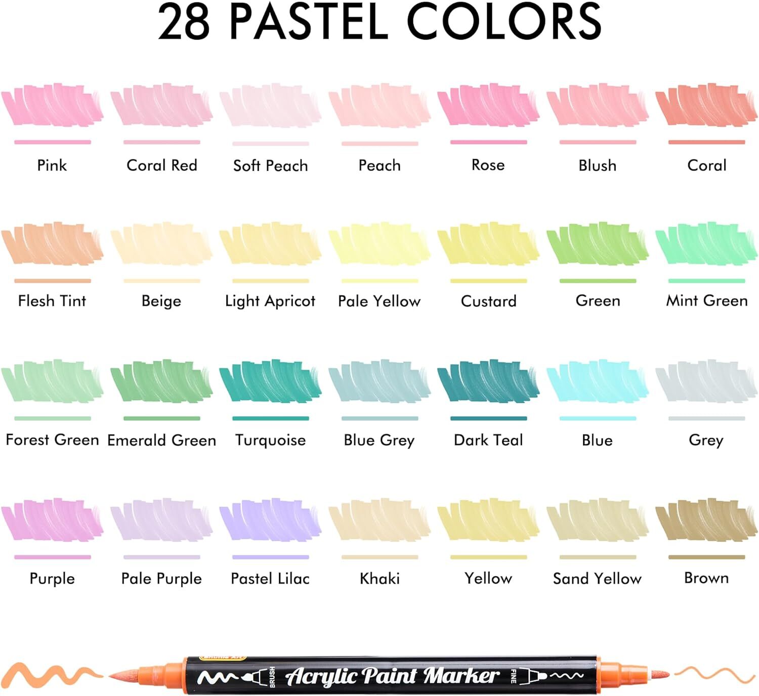 28 Pastel Colors Dual Tip Acrylic Paint Markers, Brush Tip and Fine Tip Acrylic