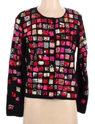 VINTAGE Michael Simon Beads & Sequins Handbags & Shoes on Knit Cardigan Size S