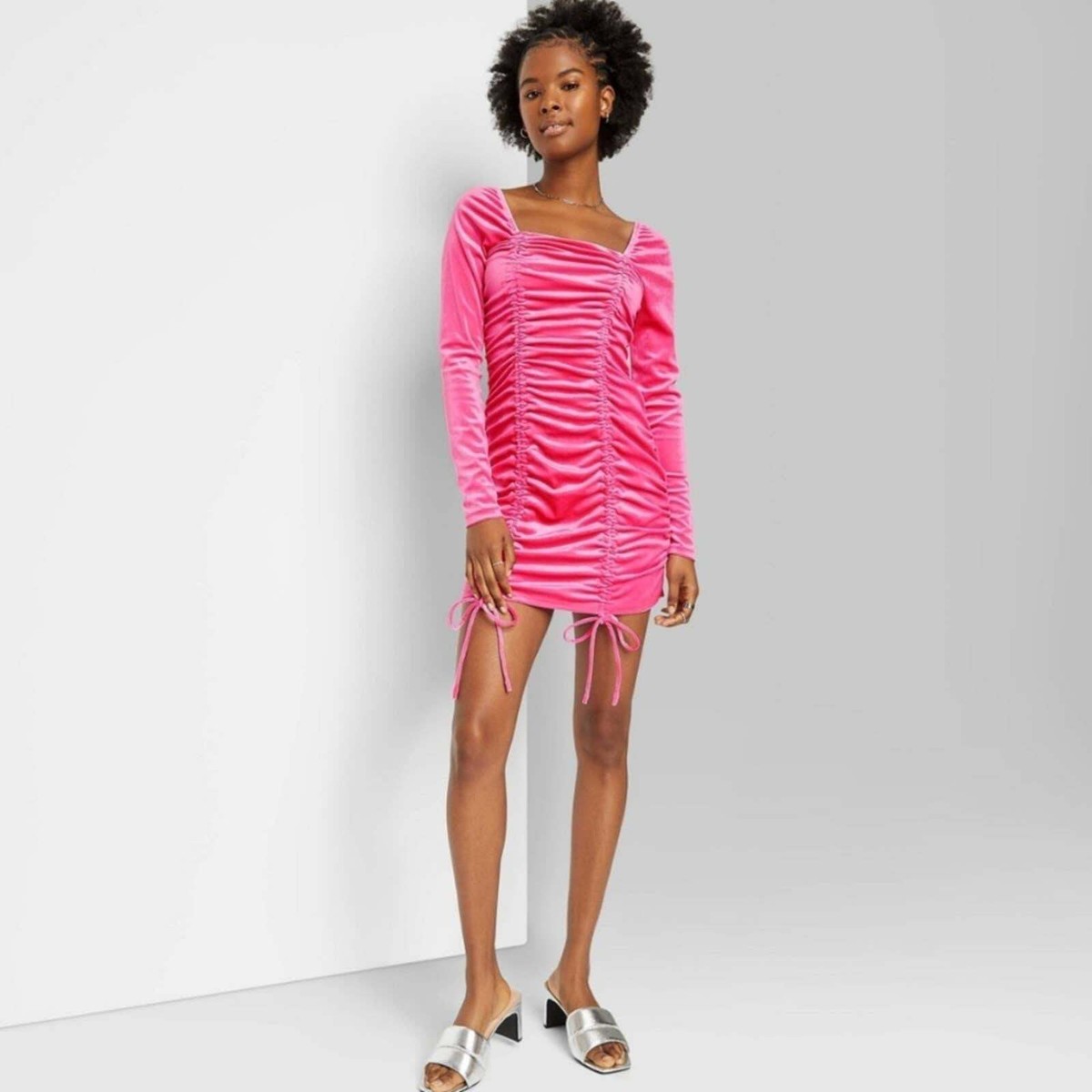 pink velvet bodycon dress Wild Fable Dresses | Hot Pink Long Sleeve Velvet Ruched Dress | Color: Pink | Size: Xs
