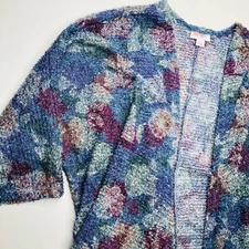LuLaRoe Womens Cardigan Fuzzy Floral Print Dark Blue Purple Geen Pattern Size S