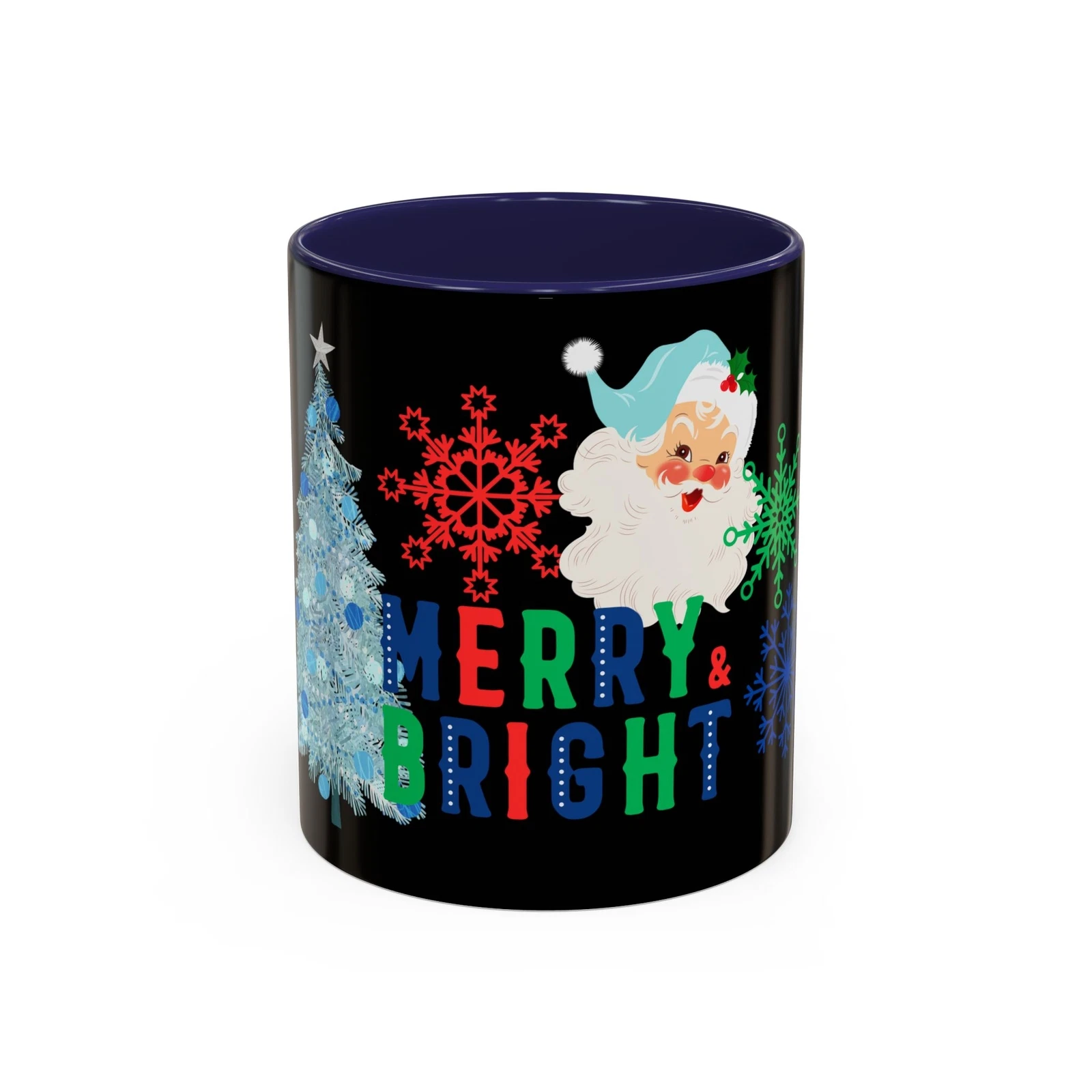 Accent Coffee Mug, Retro Santa Blue Merry Xmas Holiday Cheer Cup, Festive