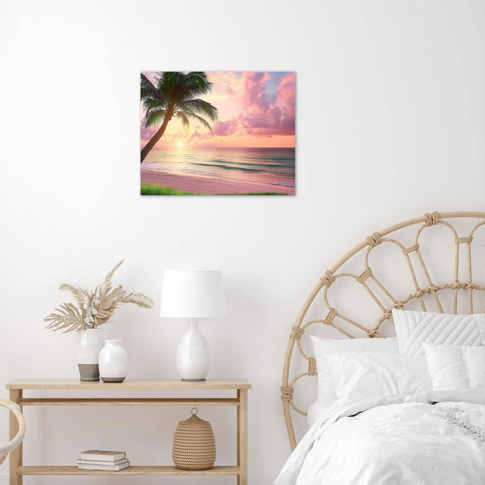 Tropical Nature Pink Sunset Ocean Beach Canvas Wall Art for Bathroom Living Room - Image 2 of 4
