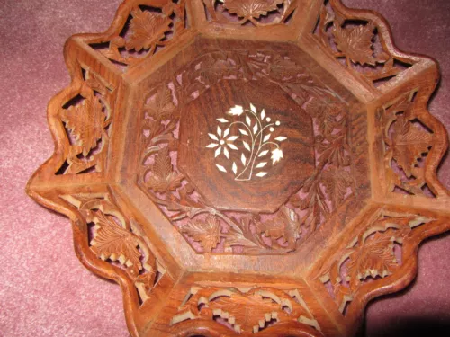 hand carved leaf pattern wooden tray or bowl with white wood inlays leaves  image 6