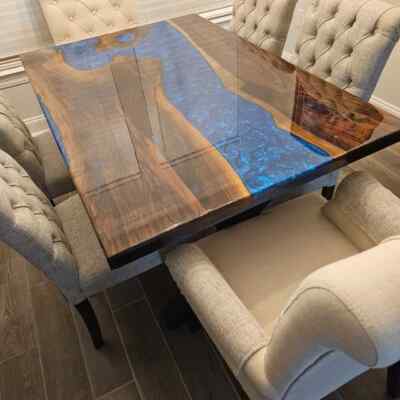 Blue Epoxy Resin Coffee Table Top, Kitchen Live Edge Epoxy Wooden Table Decor