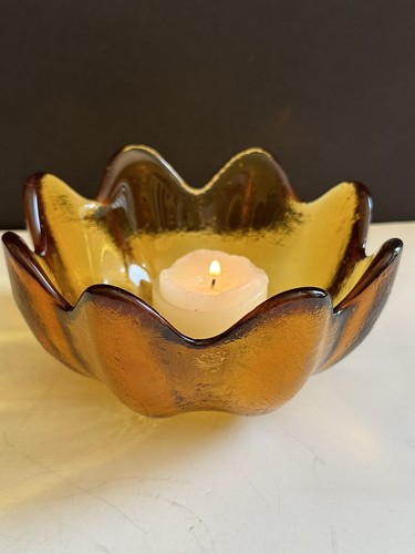 Vintage Blenko Amber Handblown Art Glass 8 Petal Bowl 5.5” Lotus Mid Century - Picture 9 of 21