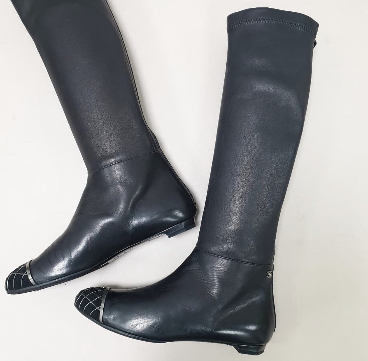Chanel Black Leather Metal Cap Toe Thigh Boots