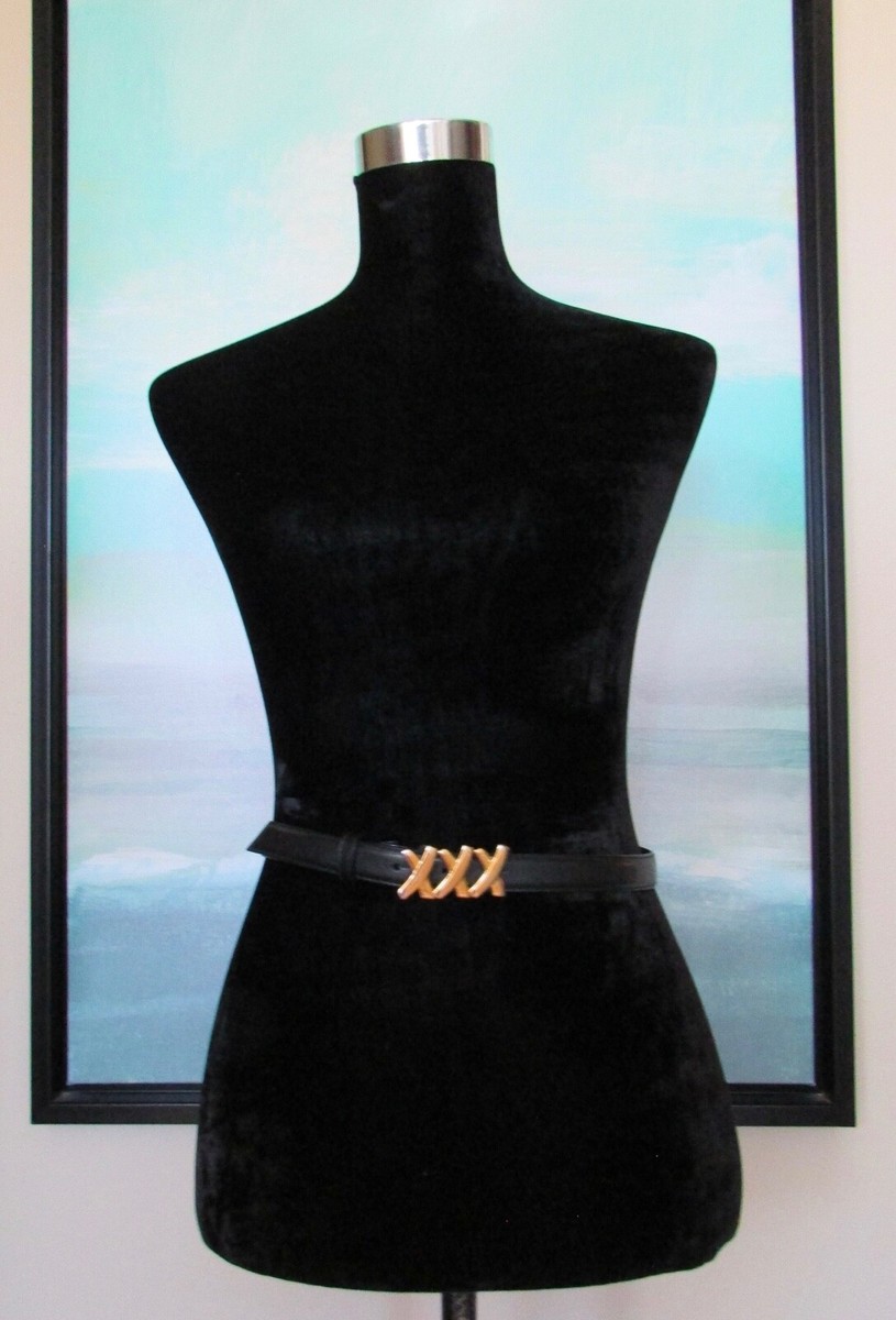 VTG 80's Paloma Picasso Black Leather Gold X Belt Sz S Made in