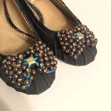 Poetic Licence Please Me Denim Jewel Ballet Bow Kitten Heels Sz 6.5 Womens Shoes