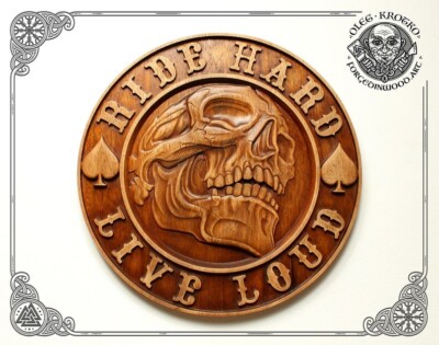 Wood Carving Plaque Harley Davidson Motor Cycles Biker Skull Rider