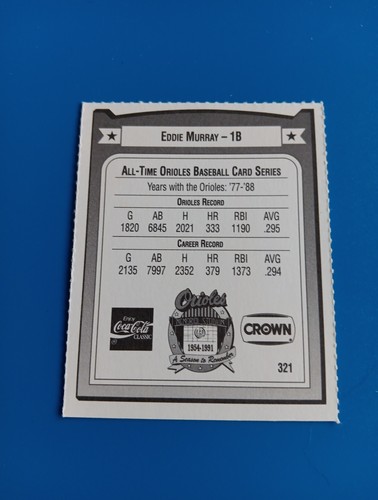 Eddie Murray Baltimore Orioles 1991 Crown Baseball card # 321 - Picture 2 of 2