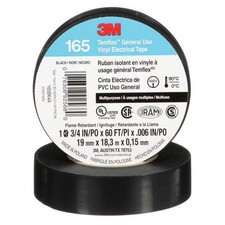 3m Vinyl Electrical Tape, 165 Temflex, 3/4 in W x 60 ft L, 6 mil Thick, Black, 1