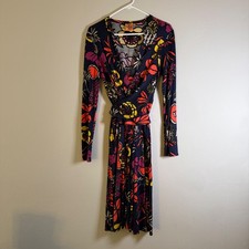 Tory Burch Navy Blue Floral 100% Silk Long Sleeve Wrap Dress Size L