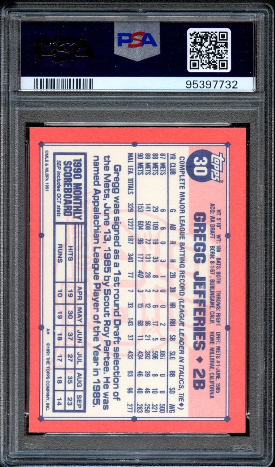 BB - 1991 Topps Tiffany - #30 - Gregg Jefferies  - PSA 10 - GEM MT - Image 2 of 2