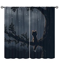 Fox Curtains Wild Animals Fox Tree Branch Night Starry Sky Vintage Black Art Pri