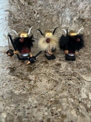Vintage Mid Century Danish Wood fur Viking Figures w/ metal shield Set Of 3