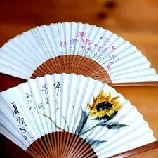 Hand-painted Floral Fan Set of 2, Sunflower Small Flowers, Paper Wood