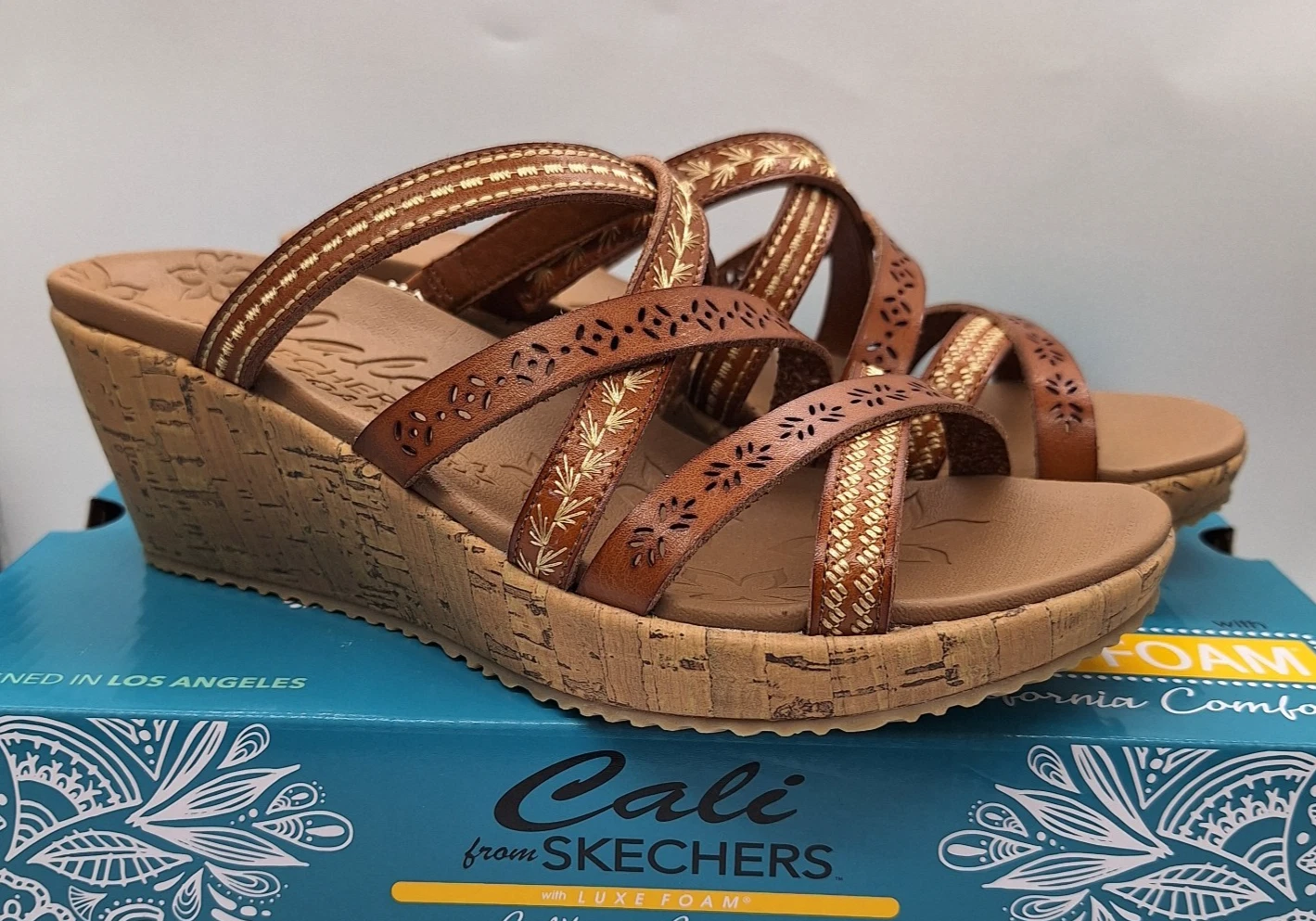 Skechers Beverlee Vegan Wedge Strappy Sandals Tiger Posse Luggage 7