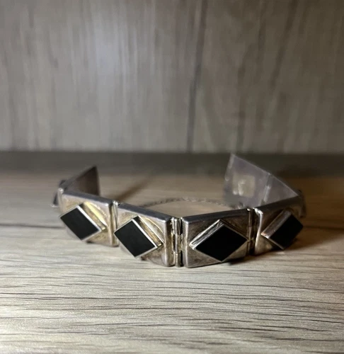 Vintage 925 Sterling Silver Braclet Diamond Shape Black Onyx Signed ND 925