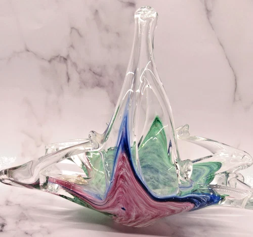 VTG Lavorazione MURANO Art Glass Multi-Color Pastel Swirl Hand-Blown Basket Bowl