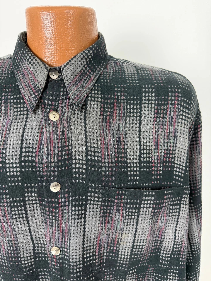 Camisa De Colección Jhane Barnes Hombres Grande Ikat Punto Rayas Negra Gris Algodón Preppy Foto 3 de 4