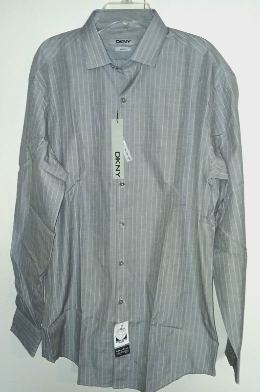 DKNY. MEN'S LS GRAY STRIPE SLIM FIT DRESS SHIRT-15.5X32/33-NWT-NICE