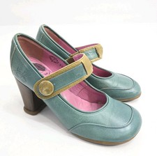 John Fluevog Soprano Katia Size 7 Mary Jane Pumps Teal Leather Stacked Heels