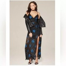 Bebe Mandy Lace Maxi Dress Women's 4 Black Blue Embroidered Floral Gothic Gown