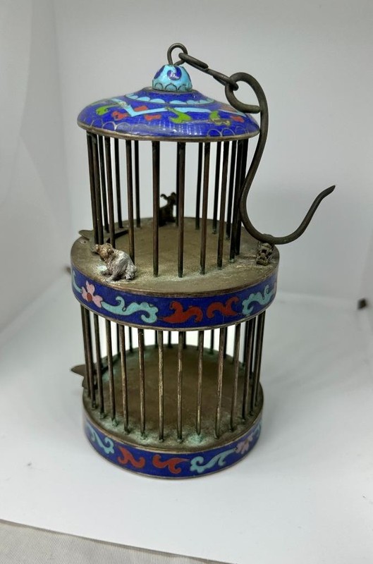 Cricket Cage With Cow Dragon Cloisonne Enamel Silver Rare Chinese Antique 1890