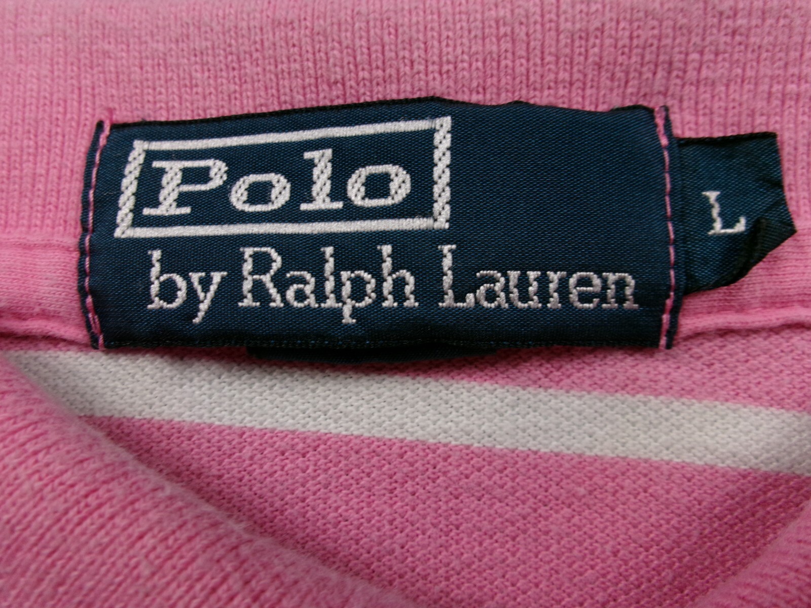 Polo vintage Ralph Lauren da uomo grande rosa bianco a righe lavorata a maglia pony rugby