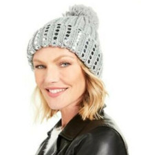 DKNY Designer Women's Flat-Stud Metallic Rib-Knit Chunky Hat Gray Silver NEW 96